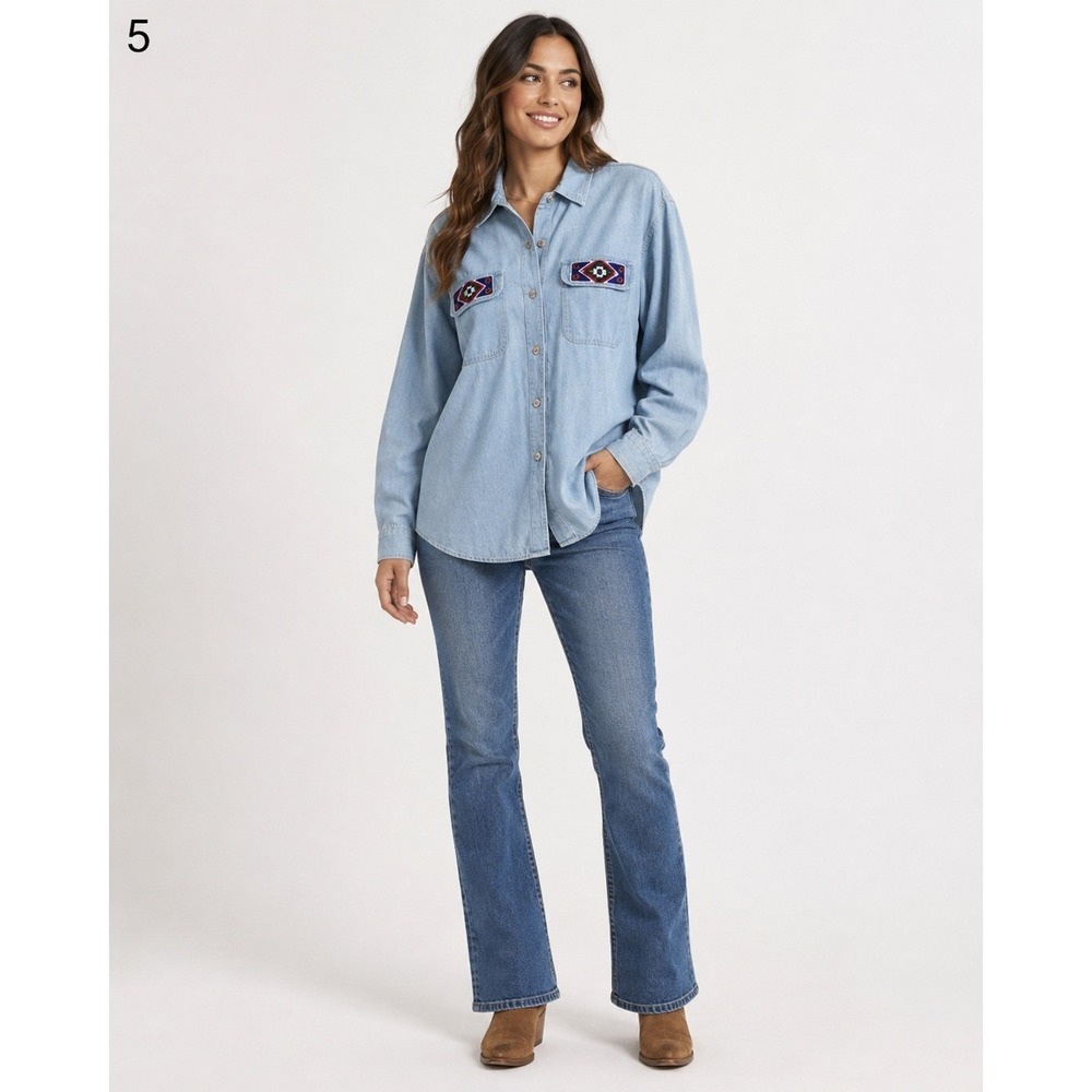 Vintage Gina Ginori Button Front Denim Shirt Womens M Blue Jean‎ Cotton Beaded